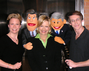 Jen Barnhart, Puppet Kerry, Diane Sawyer, Puppet Bush, and Rick Lyon